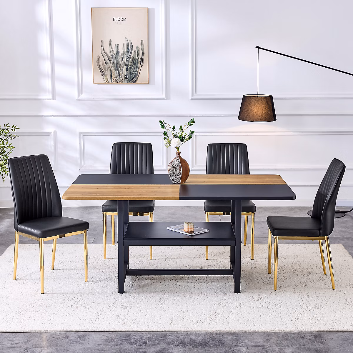 Ensemble table et chaise – Ensemble table à manger 160 cm blanc avec 4 chaises noires et structure dorée