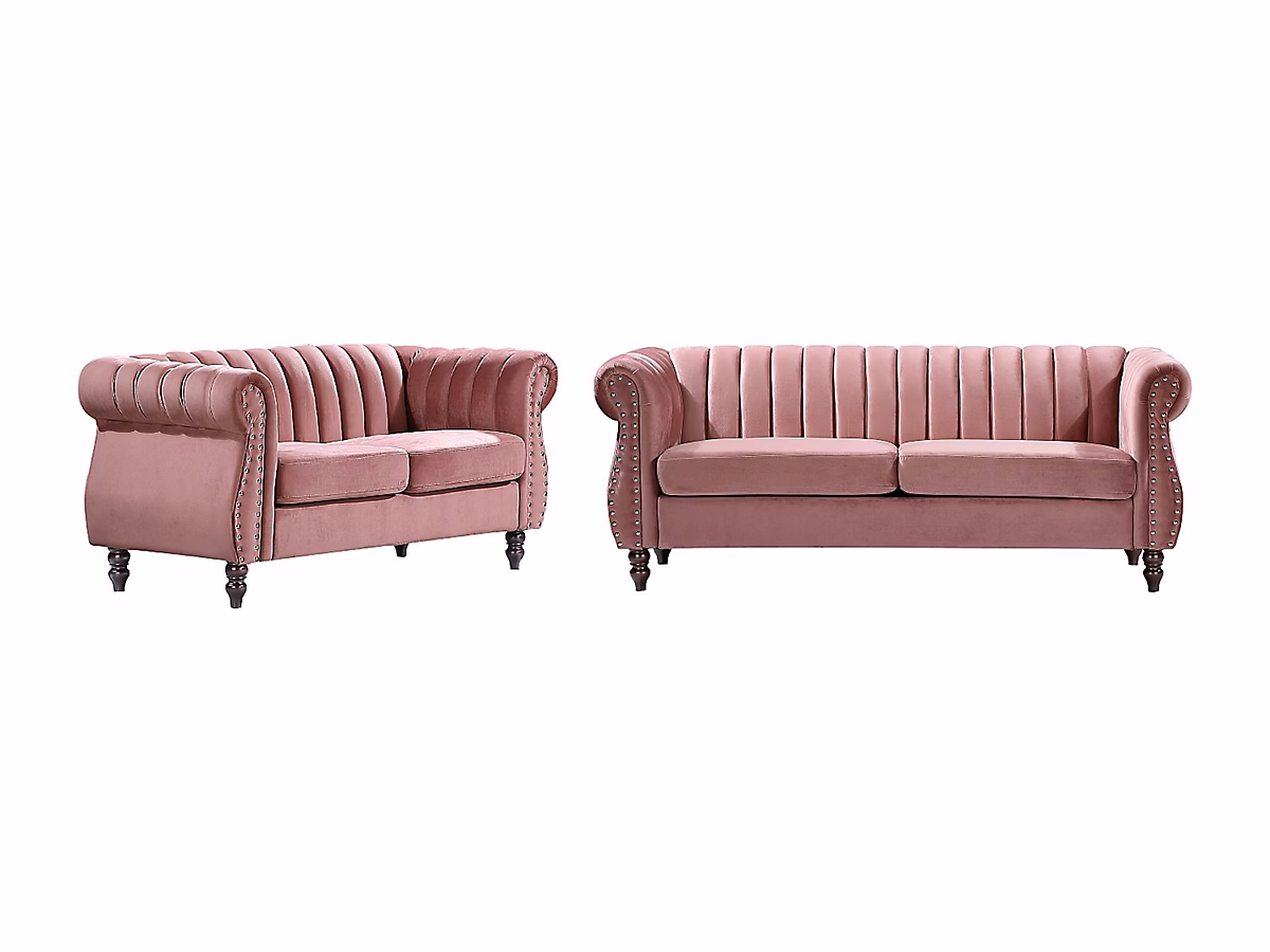Canapé et fauteuil – Canapés chesterfield 3 places et 2 places en velours vieux rose TRUMBO