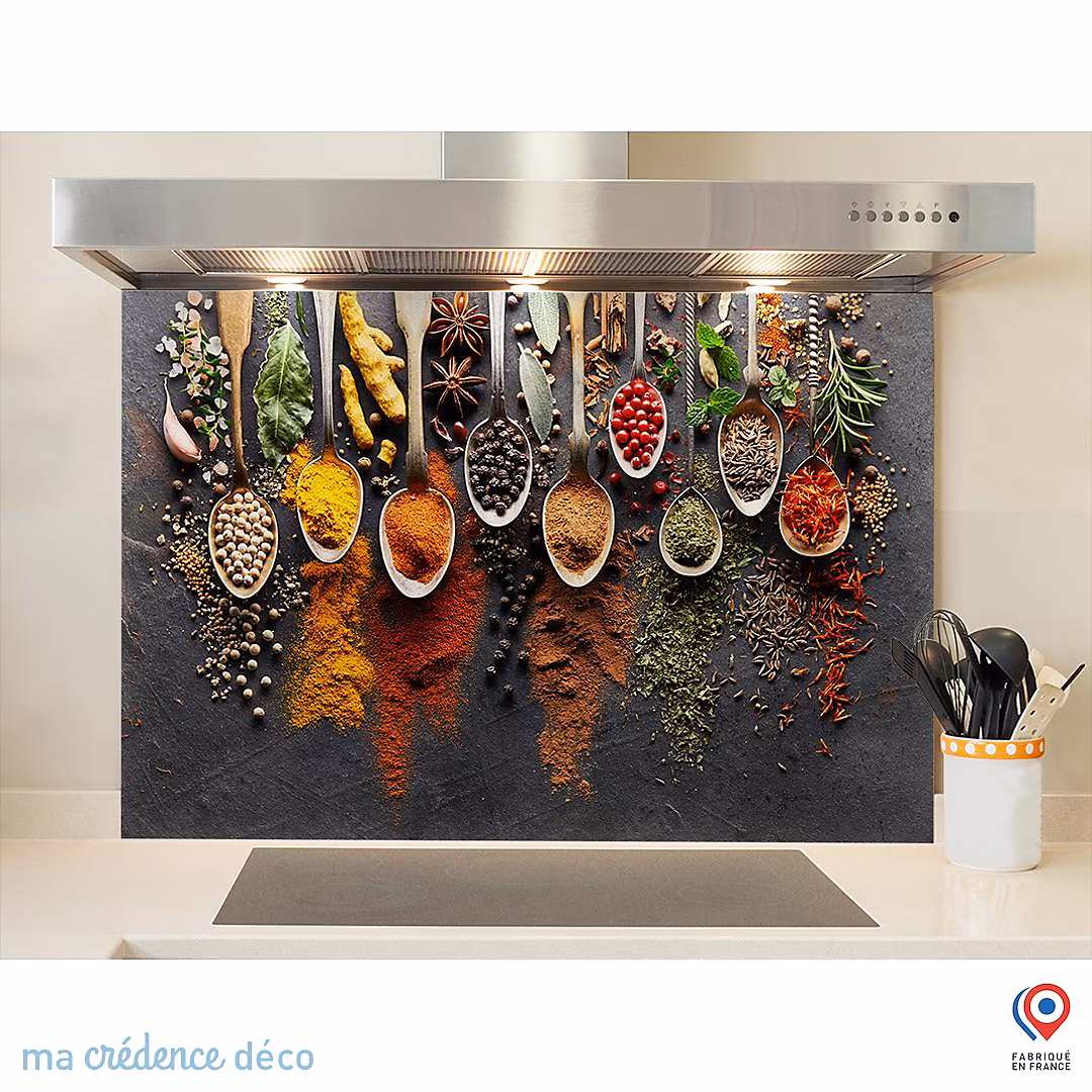 Crédence cuisine fond de hotte Epices et cuillères 5 | Alu composite – L 90 cm x H 50 cm – MaCrédenceDéco
