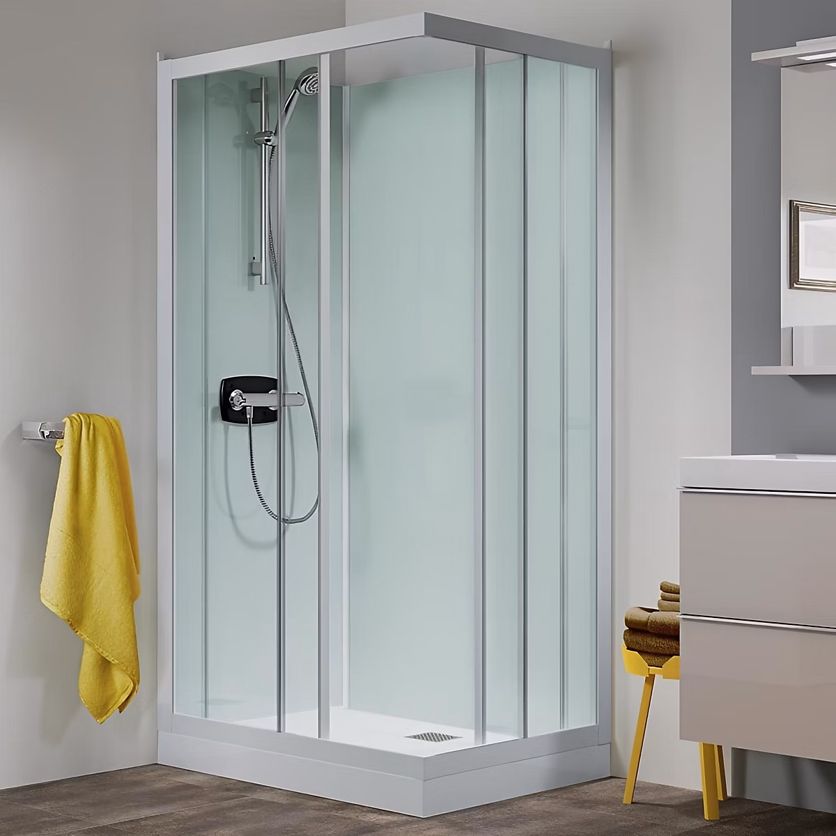 Porte de douche – Cabine de douche d'angle KINEDO GLASS 120x90 hauteur receveur 18cm 2 portes coulissantes thermostatique