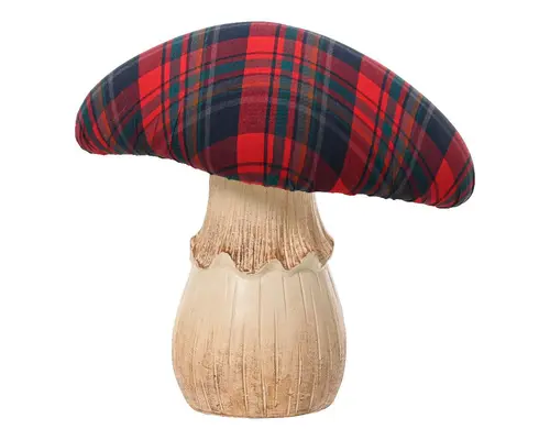 Champignon en terre cuite avec chapeau tartan rouge - 9 x 12 x 12 cm