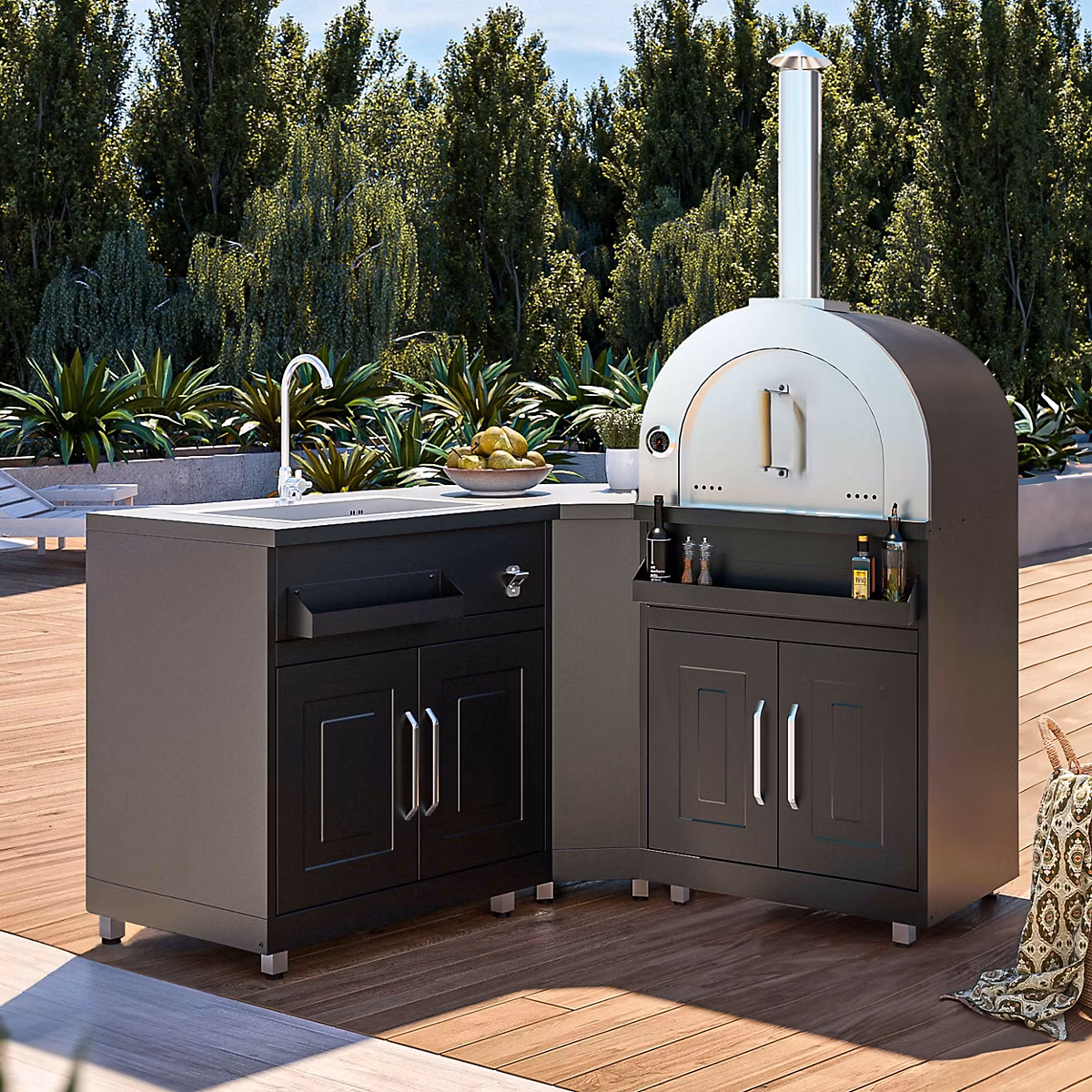 Cuisine d'extérieur – Cuisine extérieure en métal avec 3 modules évier et four à pizza Oviala