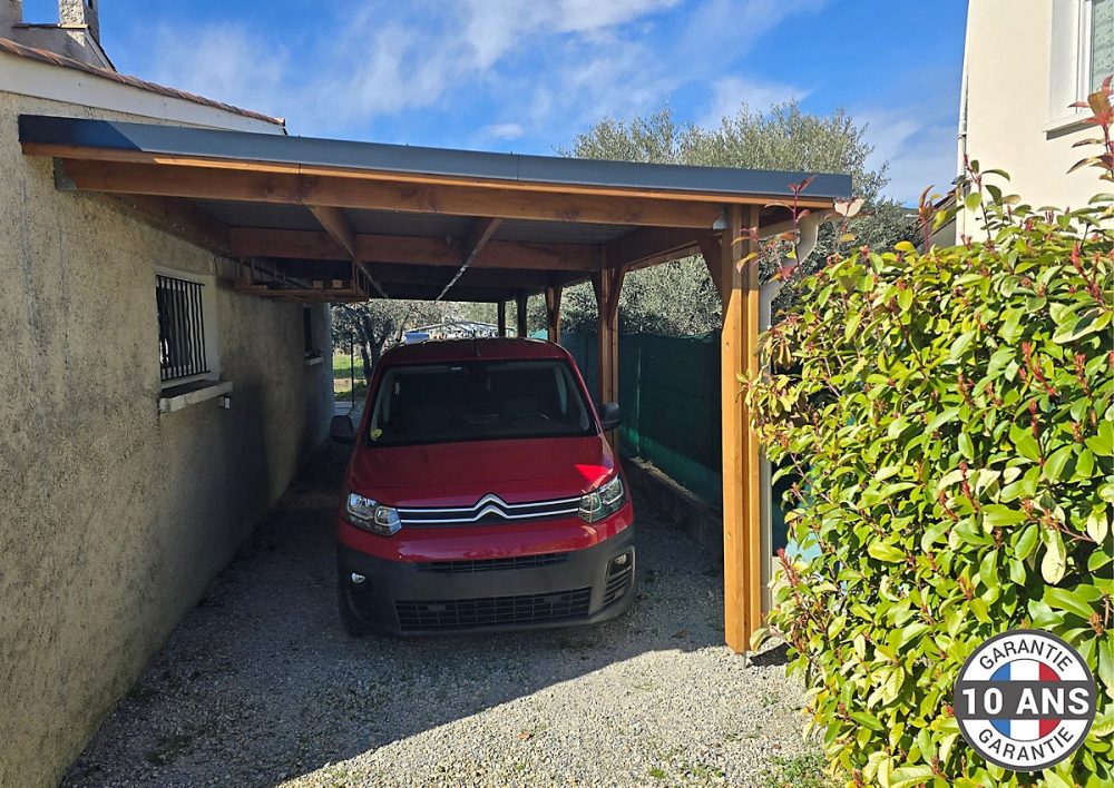 Carport adossé toit plat 450cmx700cm – bois DOUGLAS Français (Charpente en bois, auvent, abri voiture) 32 m². Garantie 10 ans