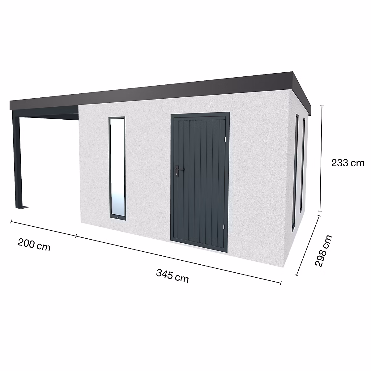 Abri de jardin en métal finition crépi 3450 × 2560 mm blanc avec auvent de 2000 × 2560 mm anthracite