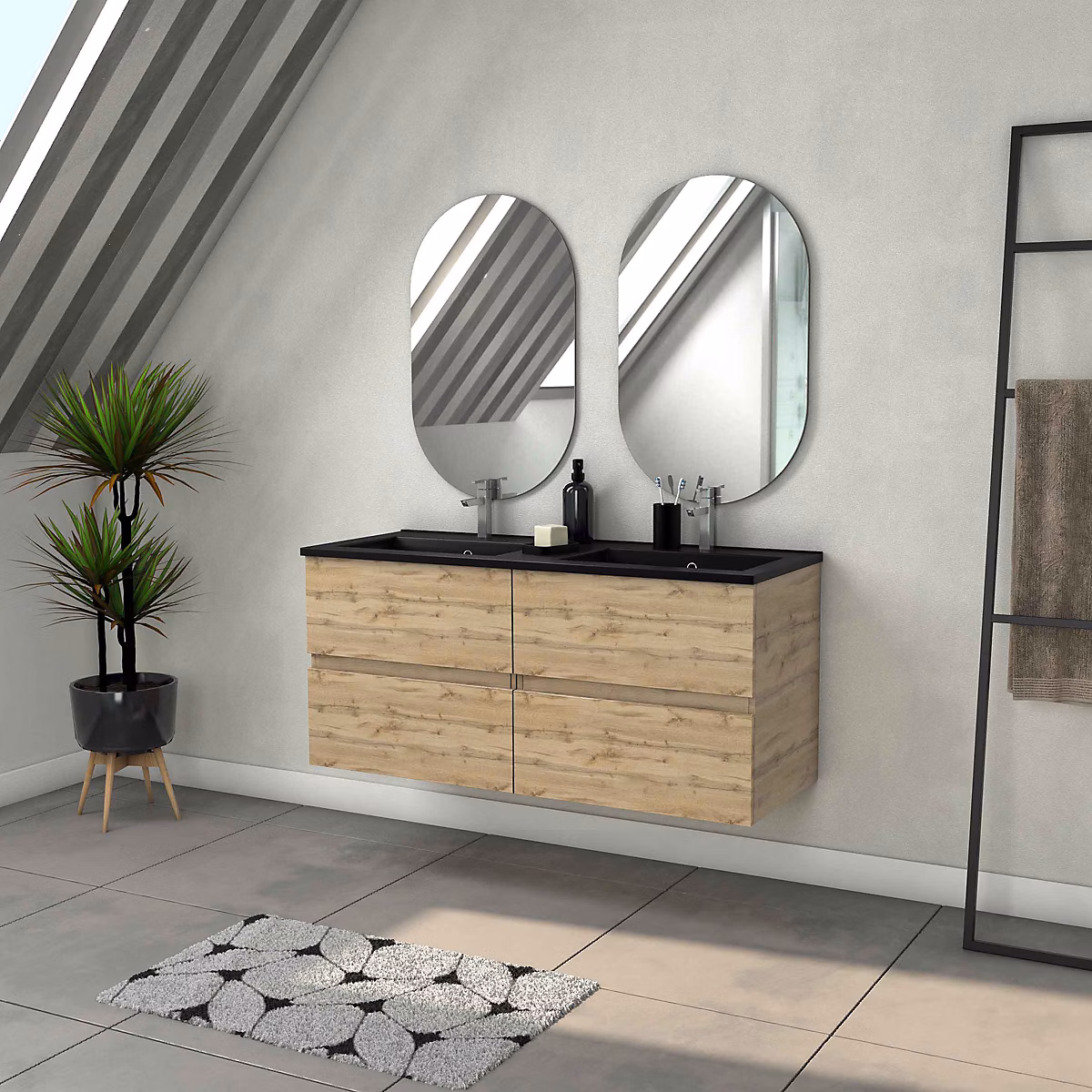 Meuble sous vasque suspendu 120 cm effet chêne industriel 4 tiroirs avec plan double vasque noir et 2 miroirs – Galedo Timber