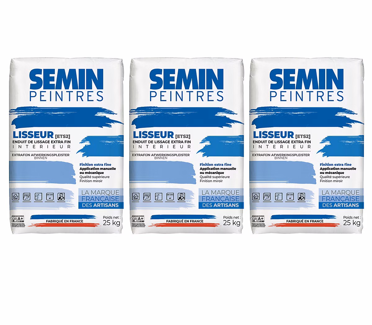 Enduit de Lissage Semin Lisseur ETS2 – Intérieur, Poudre, sac de 25 kg, Lot de 3