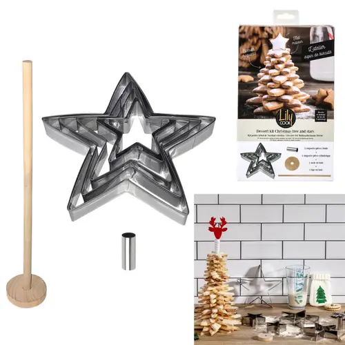 Coffret dessert avec emporte pièces étoiles et cylindre pour sapin avec socle en bois