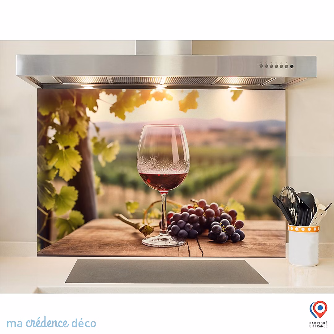 Crédence cuisine fond de hotte Vin rouge et vignobles 2 – Alu composite | L 90 cm x H 50 cm | MaCrédenceDéco
