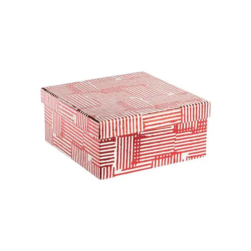 Boîte carrée en papier métallisé rouge à motif rayures - 21 x 9,5 cm