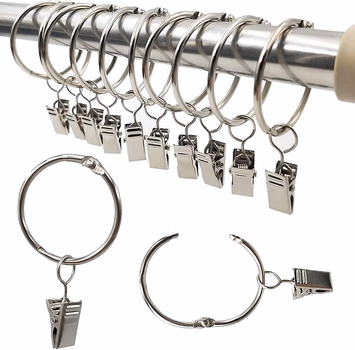 Anneaux de rideaux – 10 pièces anneaux de rideaux avec clips, diamètre intérieur 35 mm argent