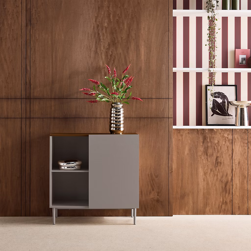 Buffet. meuble de rangement métal et décor bois 1 porte 80cm gris et noyer – Ahston