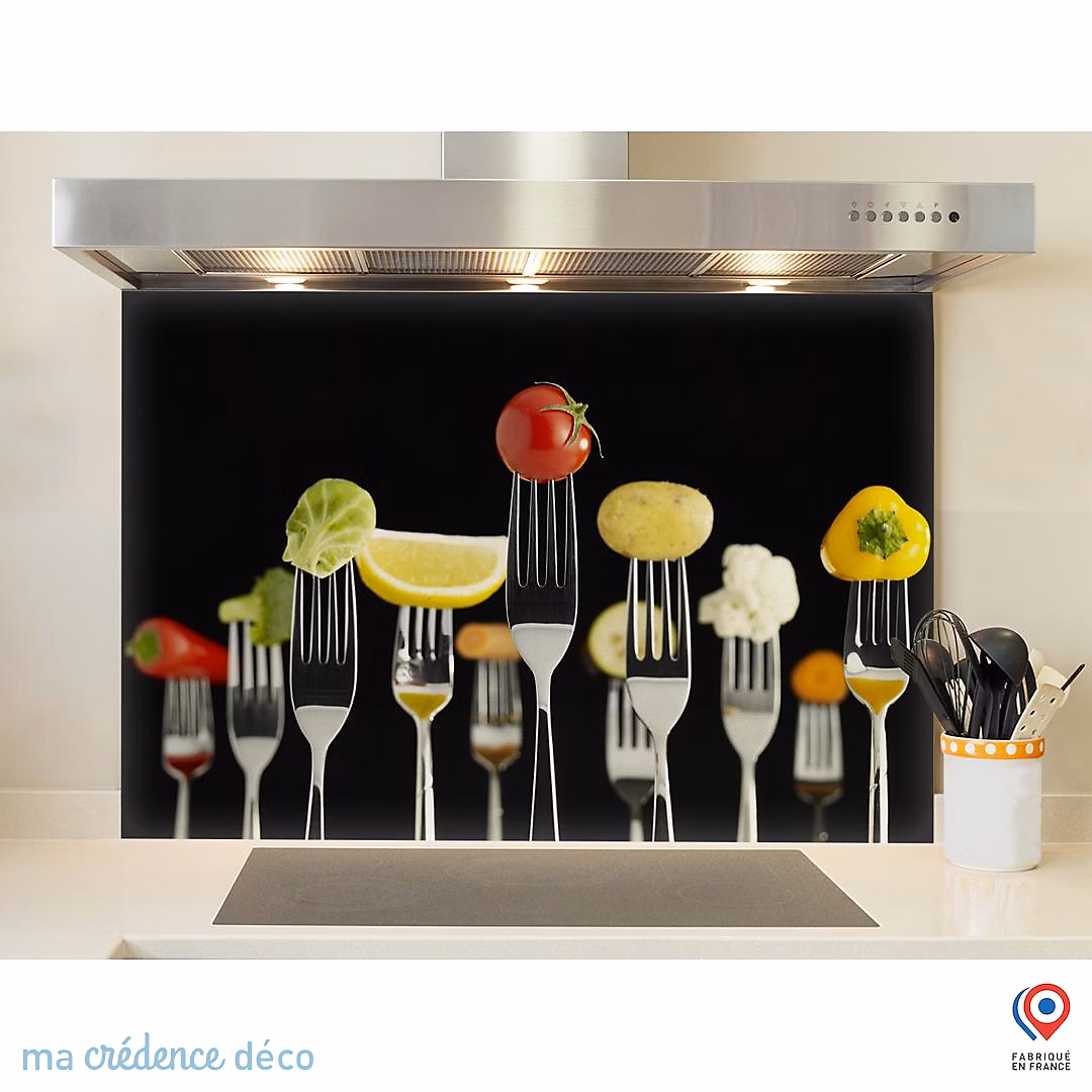 Crédence cuisine fond de hotte fourchettes et aliments 2 – Alu composite, L 70 cm x H 60 cm, MaCrédenceDéco