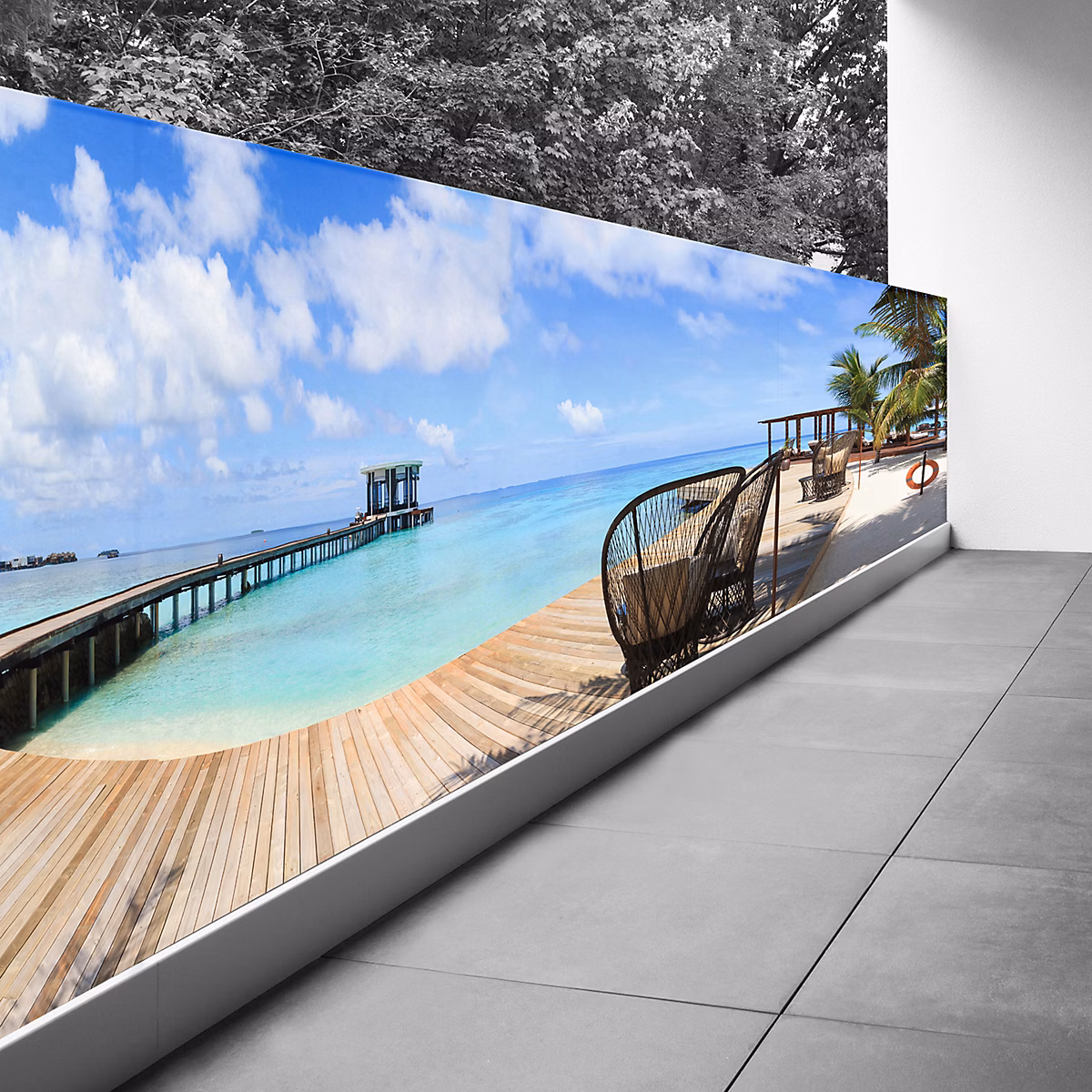 Brise vue Trompe l'oeil – 110 × 440 cm, Ponton mer paradisiaque 3617689694030