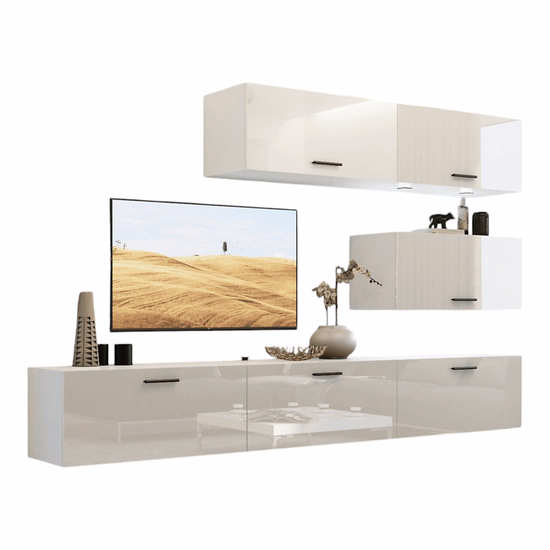 Ensemble de meubles de salon blanc suspendus collection CEPTO XXV. 249cm – 6 meubles, leds, modulables.