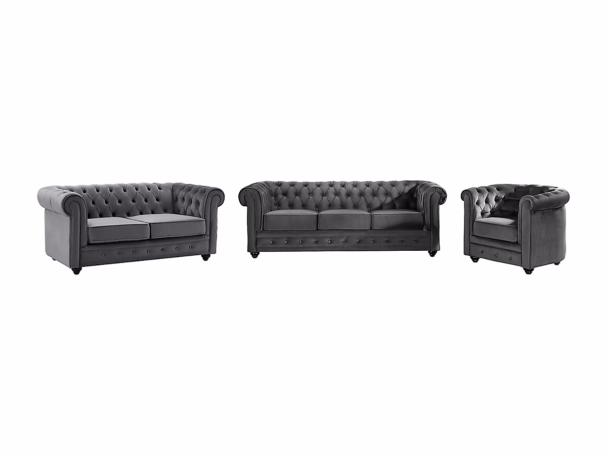 Canapé et fauteuil – Canapés 3 places et 2 places et fauteuil en velours anthracite CHESTERFIELD