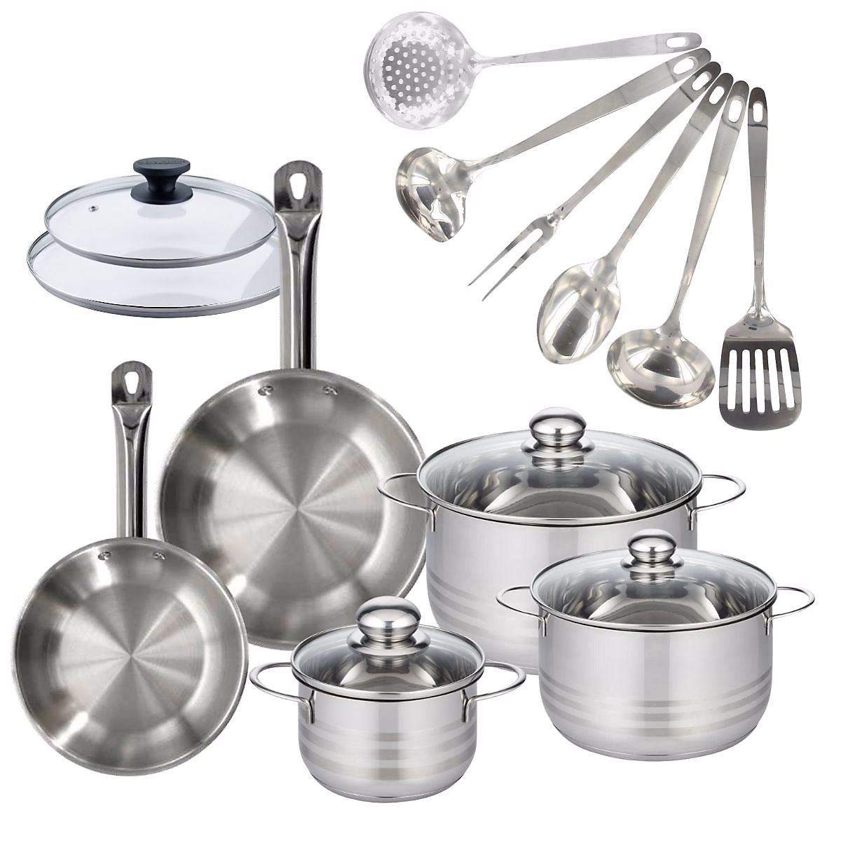 Batterie de cuisine 2 poêles 20/24 cm et couvercles – 3 faitouts 16/20/24 cm et 6 ustensiles Fackelmann Eterna