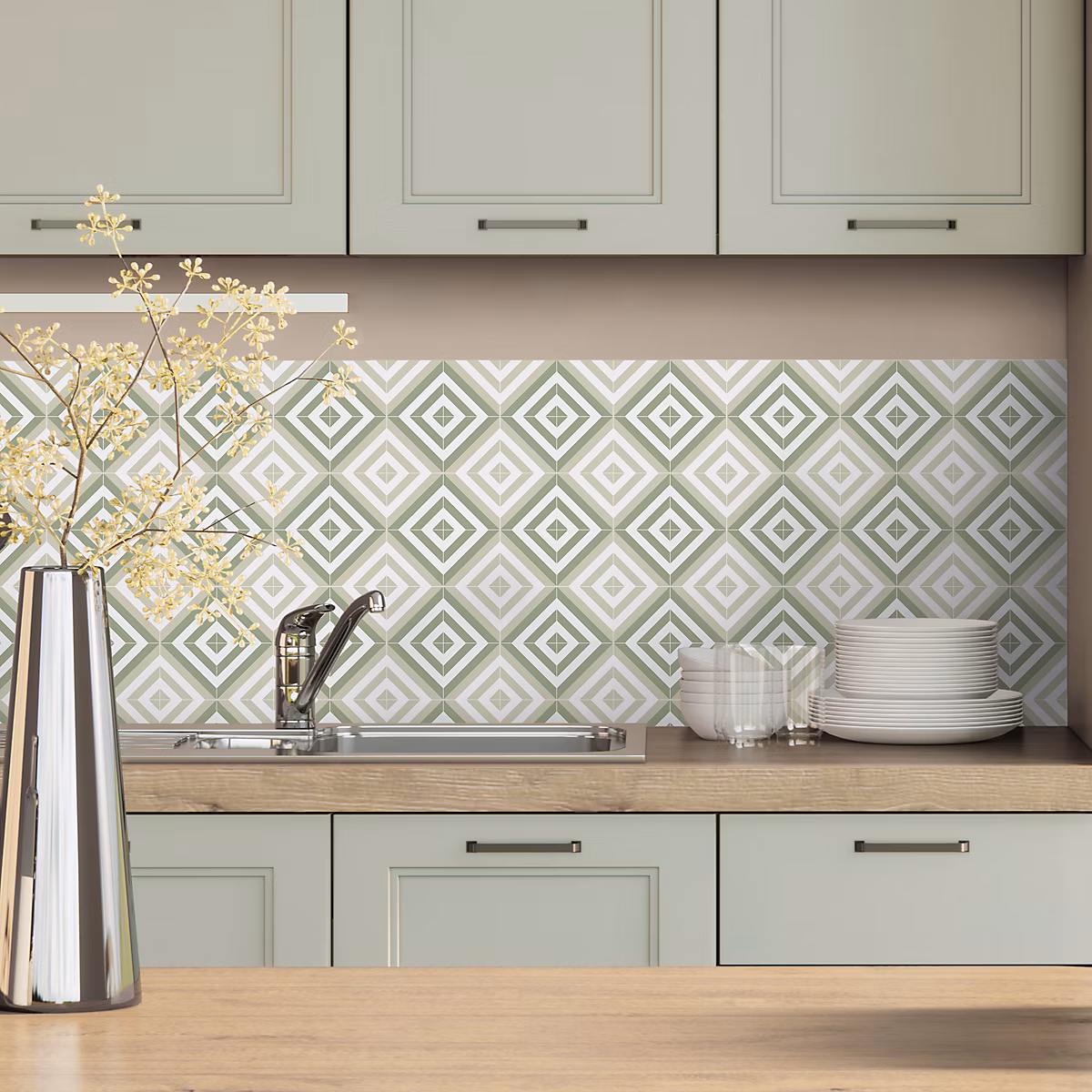 Crédence cuisine adhésive en vinyle modèle CARTHAGE vert sablé – 200 × 40 cm, design raccordable