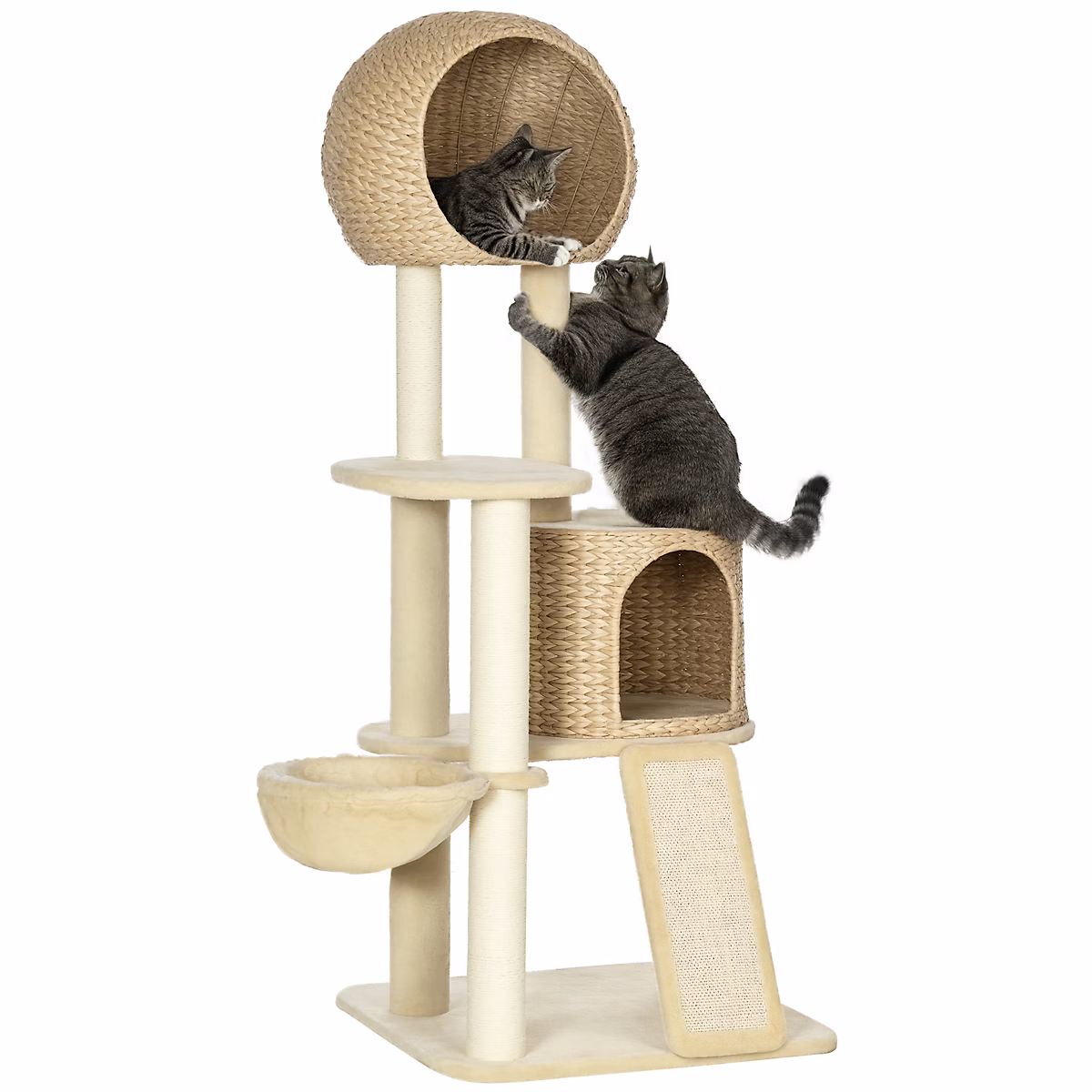 Arbre à chat style cosy chic griffoirs grattoir sisal 2 grandes niches plateforme hamac peluche courte beige jacinthe d'eau | Chat