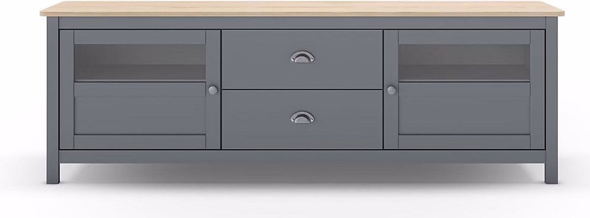 Buffet | commode de rangement avec 2 tiroirs et 2 portes en pin coloris Vert kaki – chêne – L. 180 x P. 40 x H. 59 – 30 cm