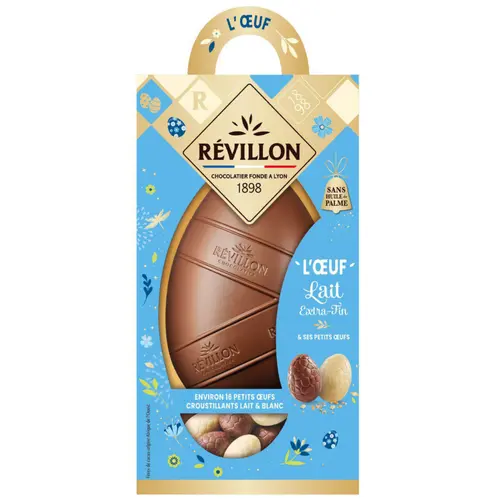 Œuf moulage chocolat au lait et ses petits œufs croustillants lait & blanc Révillon - 250 g