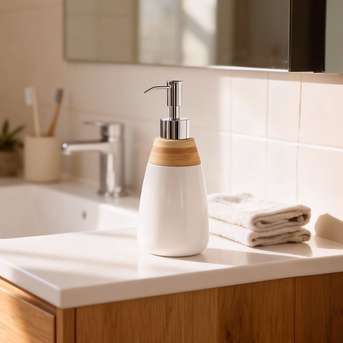 Distributeur de savon Cervia blanc et bambou GoodHome – Réf. VQZOWVTZR6647198710