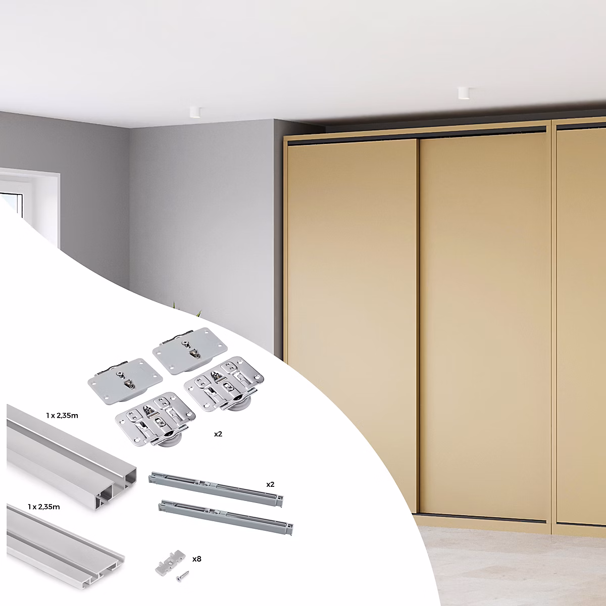 Emuca Kit de 2 portes coulissantes et Flow de ferrures pour armoires à fermeture souple avec rails de surface 2 – 35m, panneaux non