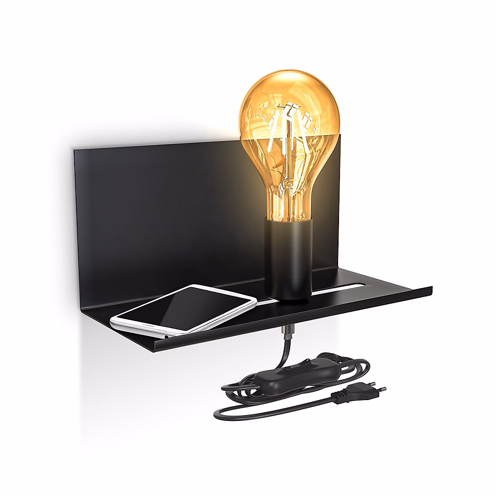 Applique murale 1 – flamme avec étagère, IP20, 250 × 115 × 120mm, Noir, Métal, E27 max 10W (ampoule non incluse), B.K.Licht