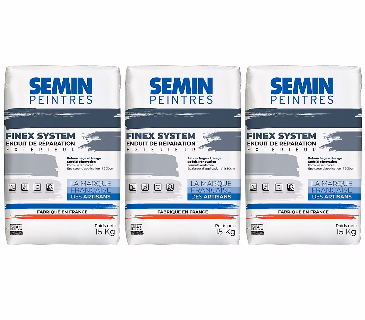 Enduit de réparation Semin Reboucheur – Extérieur, en Poudre, sac de 15 kg, Lot de 3
