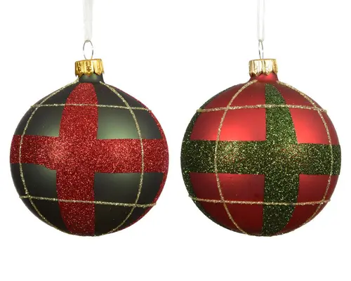 Boule en verre mate Christmas red et pine green avec décor carreaux - Ø 8 cm