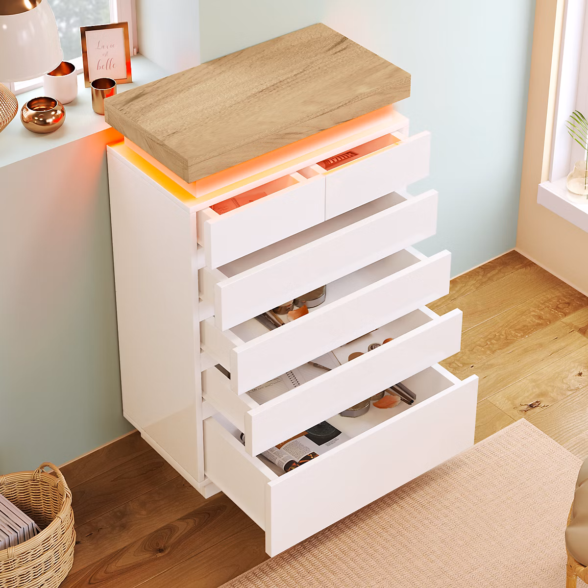 Commode 73 cm blanche brillante avec 6 tiroirs et éclairage LED – Réf. PXUFDNXWY2254164883