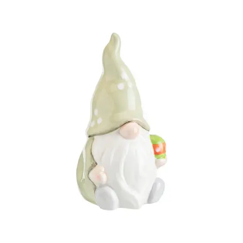 Gnome à poser vert et blanc en dolomite Printemps petit modèle - Ø 8,5 x H 17 cm