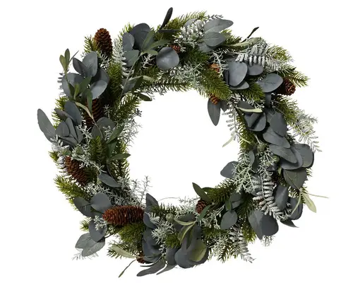 Couronne vert argent en eucalyptus et pommes de pin - Ø 40 x H 8 cm