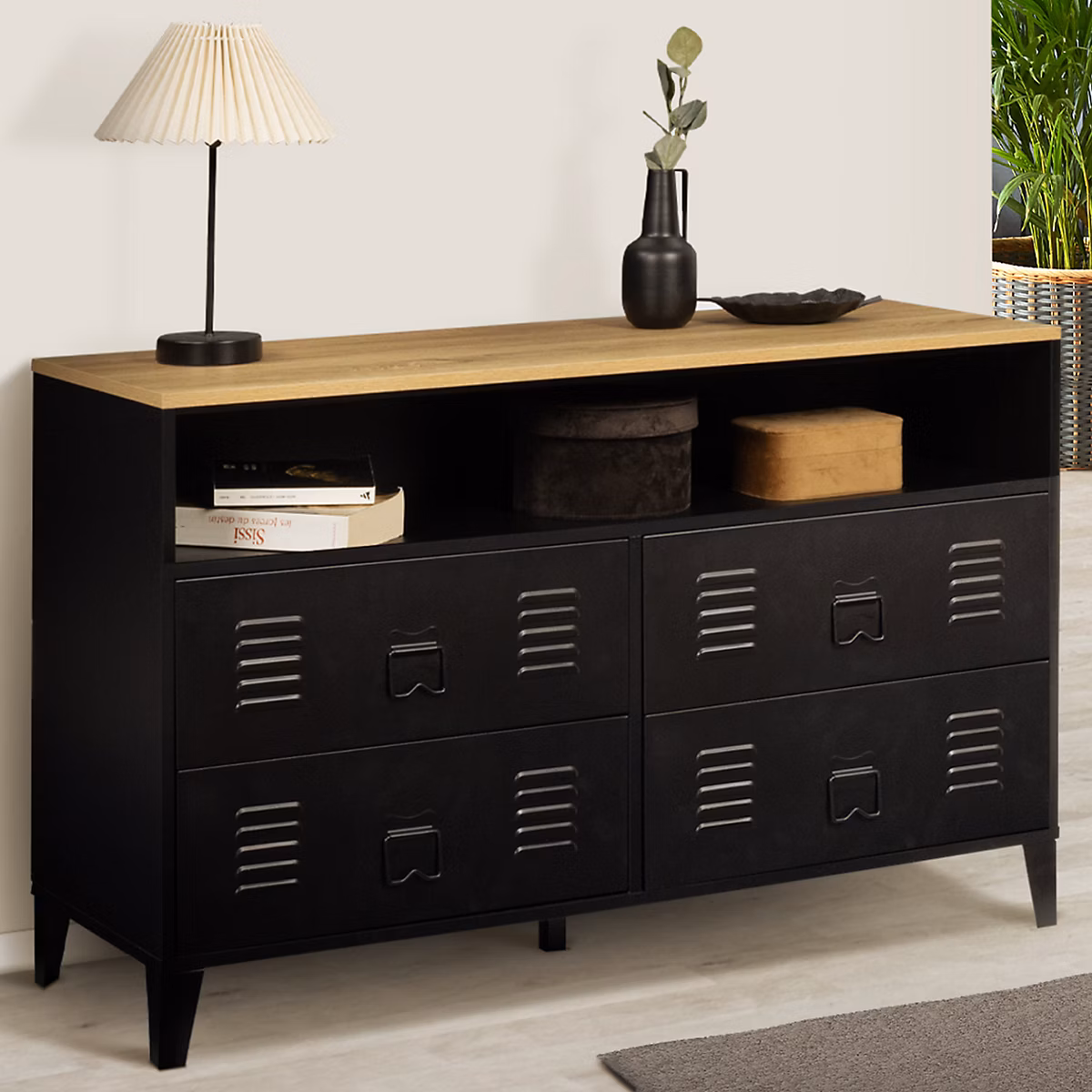 Meuble – Commode 4 tiroirs ESTER 115 cm métal noir et plateau façon hêtre avec niche design industriel