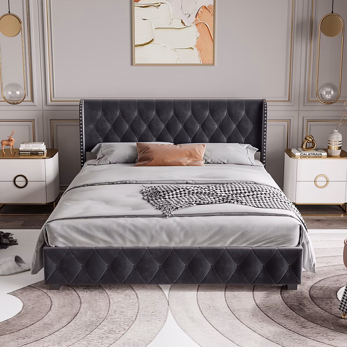 140 × 190CM Grand lit – avec rangement et tiroir-lit lit,Velours,gris