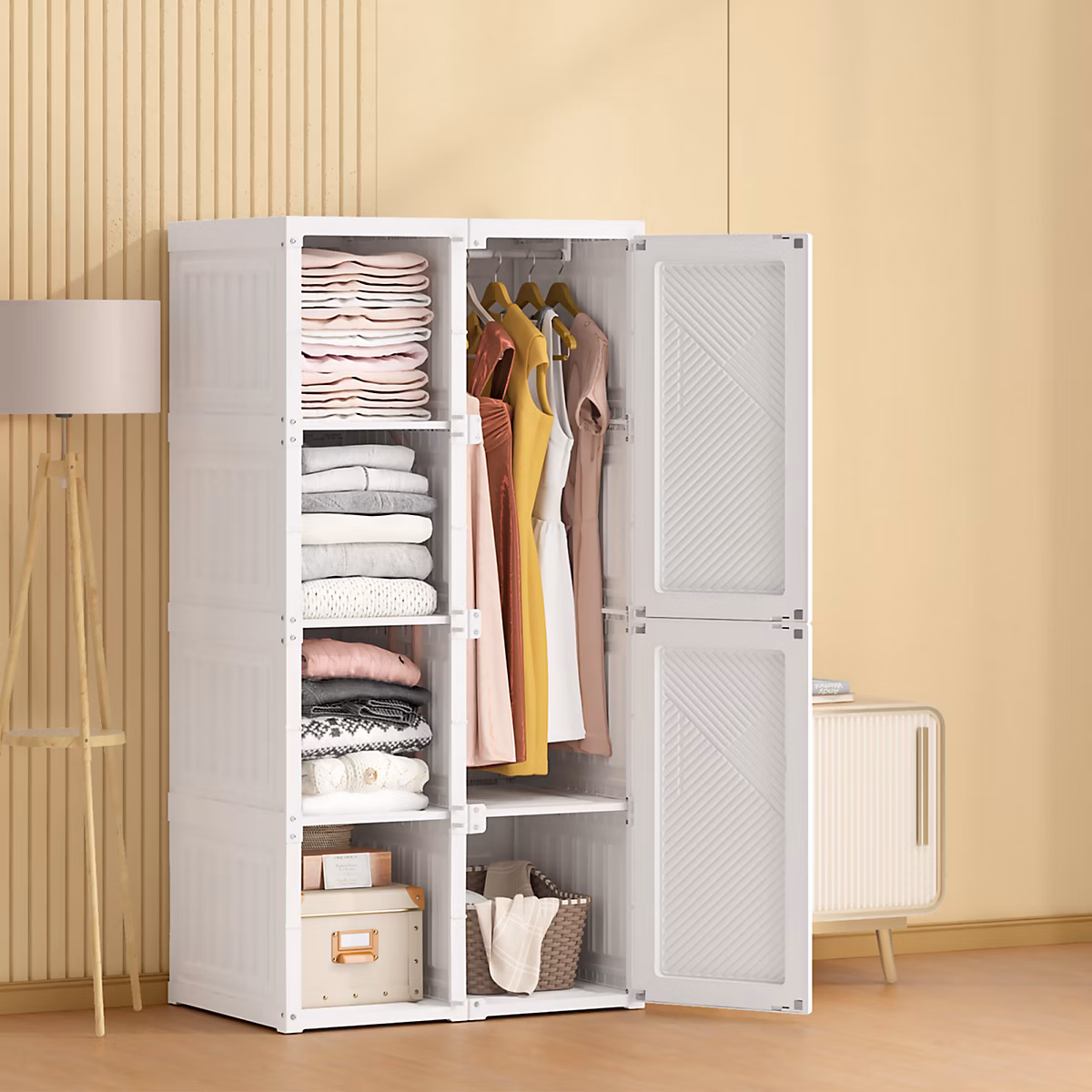 Armoire Pliable et Portable Vêtements Armoire étagères Combinaison Armoire Modulaire avec Rails à vêtements