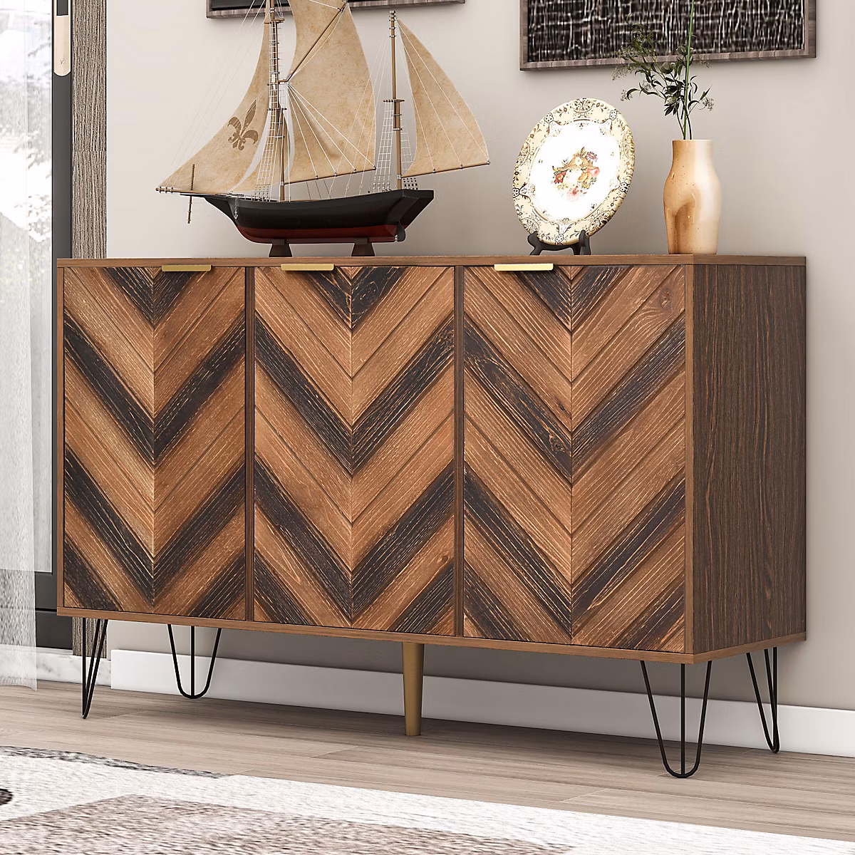 Meuble – Buffet 120 cm en panneaux de particules coloris naturel avec 3 portes