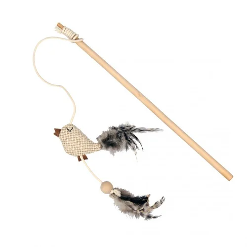 Canne à pêche pour chat coloris marron oiseau avec plumes nature Duvoplus