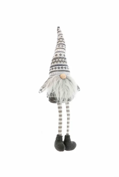 Gnome garçon assis en tissu avec bonnet à motifs et longues jambes - 18 x 10 x 64 cm