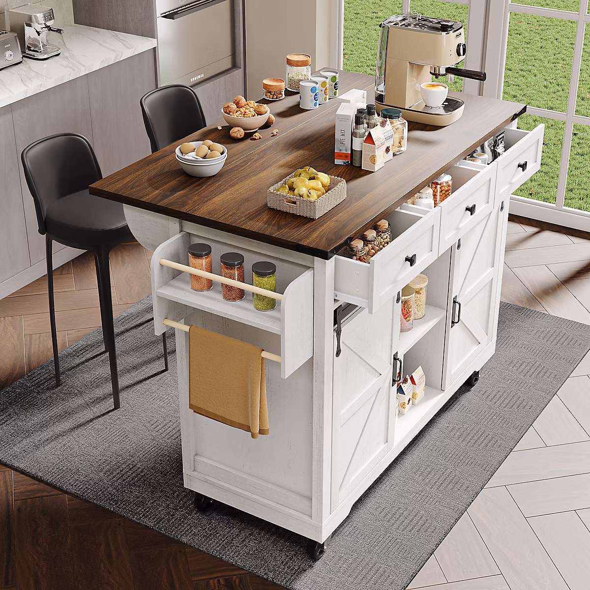 Îlot de cuisine 140 cm en MDF beige avec plateau rabattable et roulettes – Réf. HDKBGIHFS8624335765