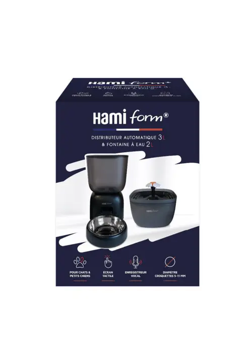 Kit distributeur de croquettes et fontaine à eau pour chat et petit chien coloris noir programmable HamiForm