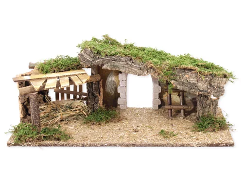 Crèche vide avec grange et arc en plâtre coloris beige en bois - 54 x 25 x 21 cm