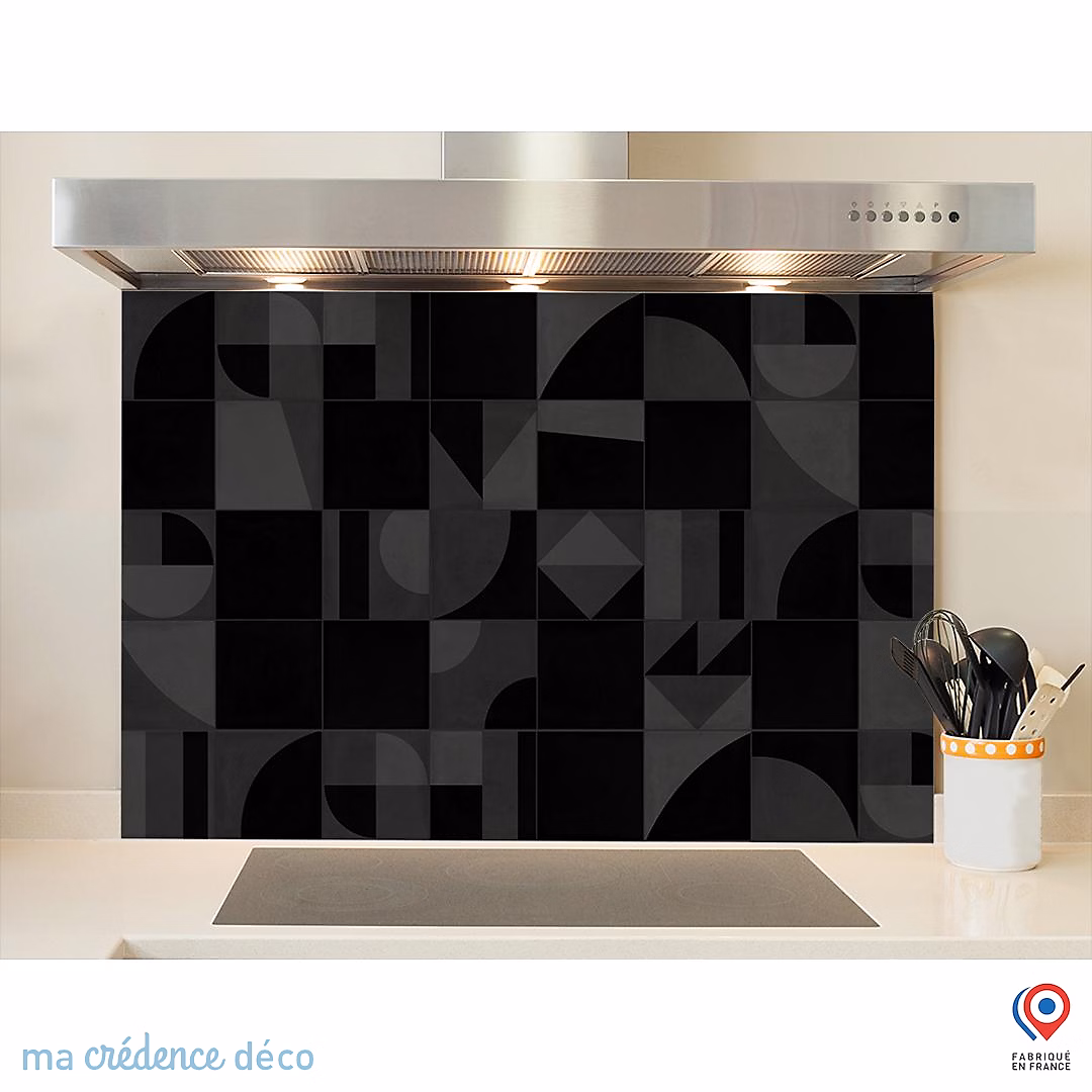 Crédence cuisine fond de hotte Carreaux ciment géométrie et couleurs 2 noir – Verre trempé, L 90 cm x H 50 cm, MaCrédenceDéco