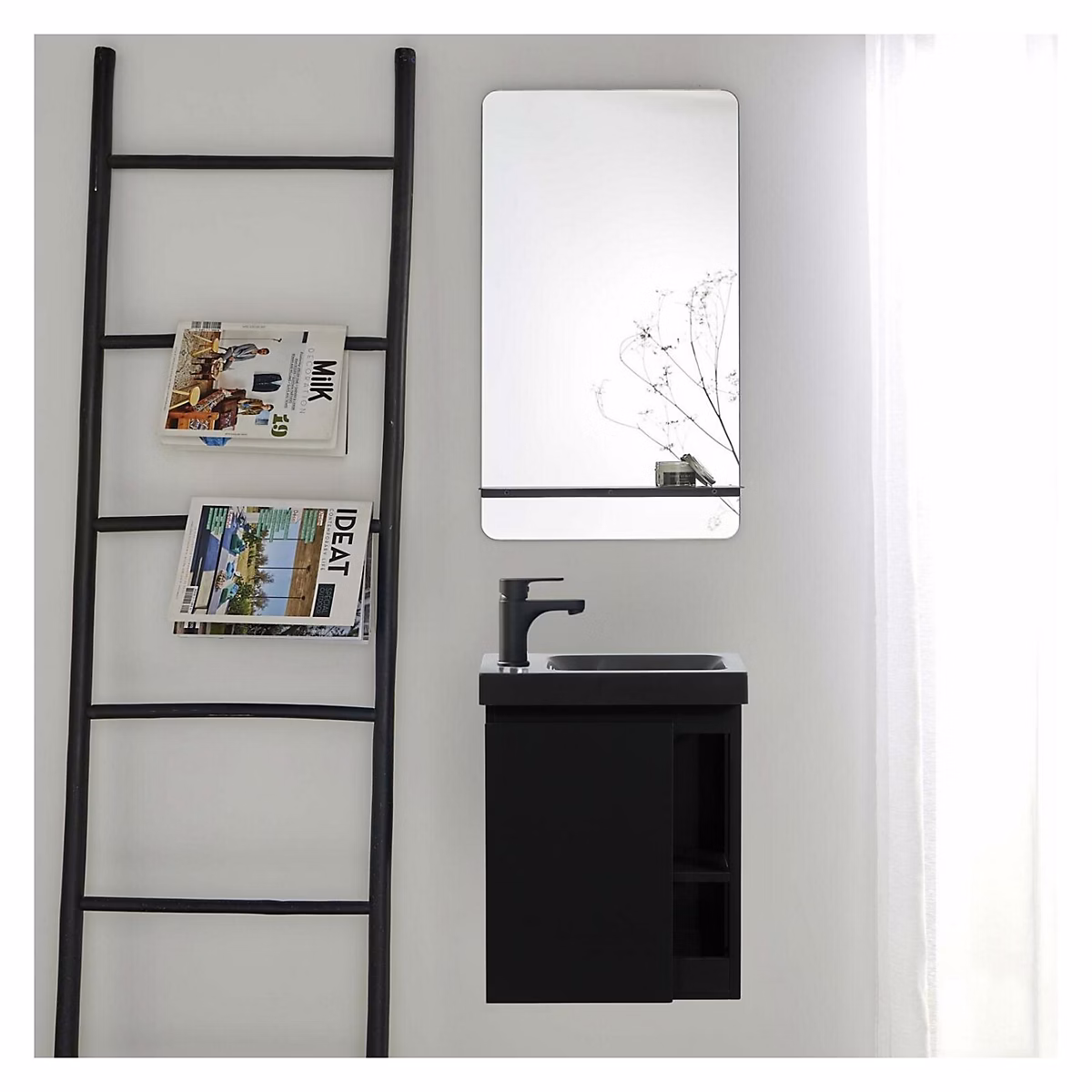 Ensemble lave – mains HAMPTON avec rangement latéral et miroir tablette noire