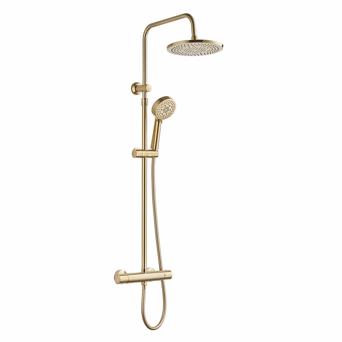 Colonne de douche thermostatique ronde avec douchette | pomme de douche – barre réglable et mitigeur – doré brossé – Edouard Rousseau Lueggo