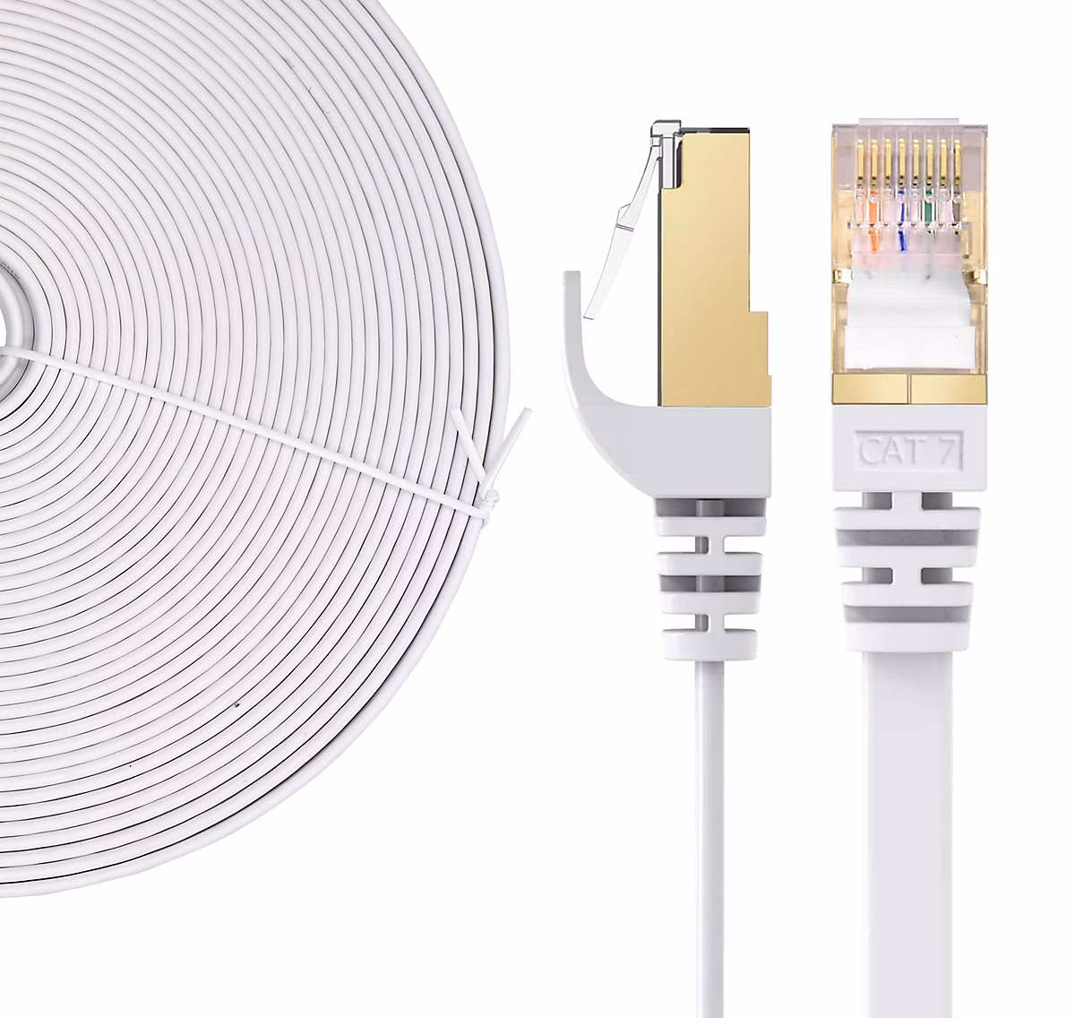 Elfcam | 1m Câble Ethernet RJ45 Cat7 Flat Blanc – 10Gbps 600MHz – Cuivre – SFTP – Anti – Bruit – PC – Modem – Routeur