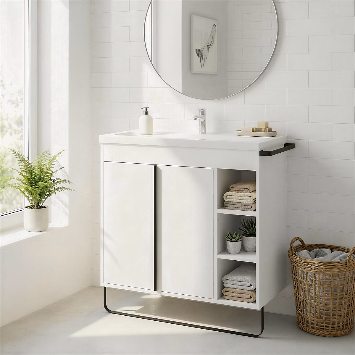 Meuble vasque faible profondeur blanc avec porte – serviettes l.85 x H.82 x P.36 cm Maza + plan vasque céramique blanc Nira, GoodHome