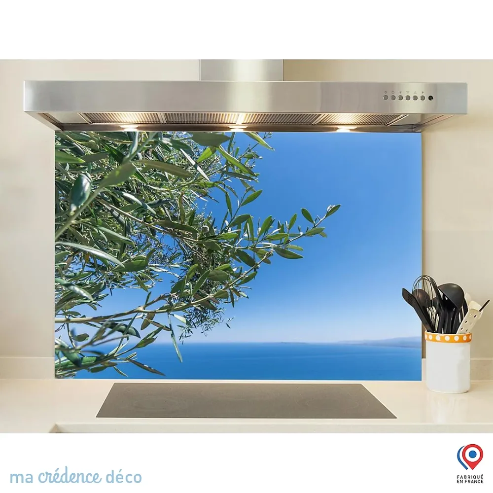 Crédence cuisine fond de hotte Mer avec olivier | Verre trempé – L 60 cm x H 45 cm – MaCrédenceDéco