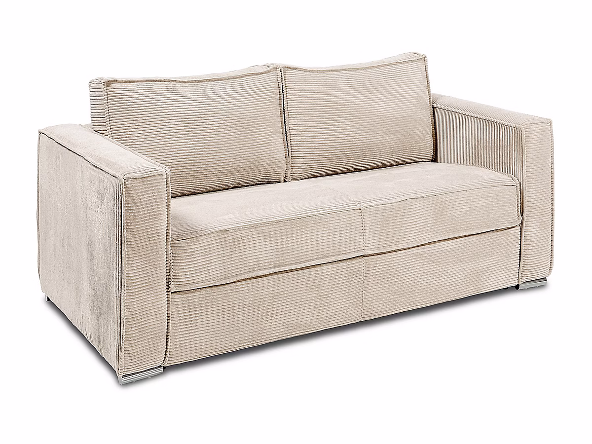 Canapé 4 places convertible express en velours côtelé beige – Couchage à lattes larges 160 cm, Matelas 22 cm avec mémoire de