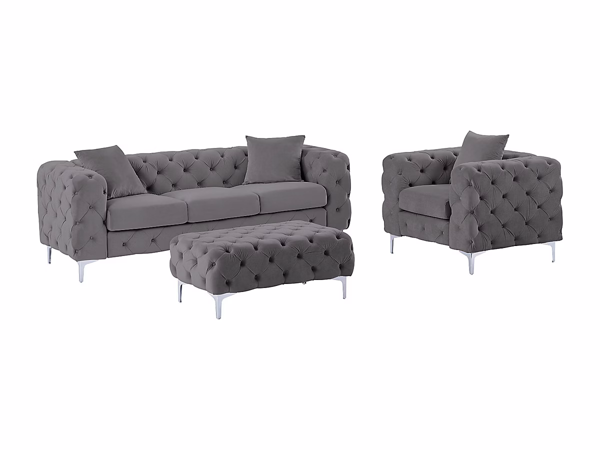 Canapé 3 places – fauteuil et pouf chesterfield en velours anthracite EDWINA