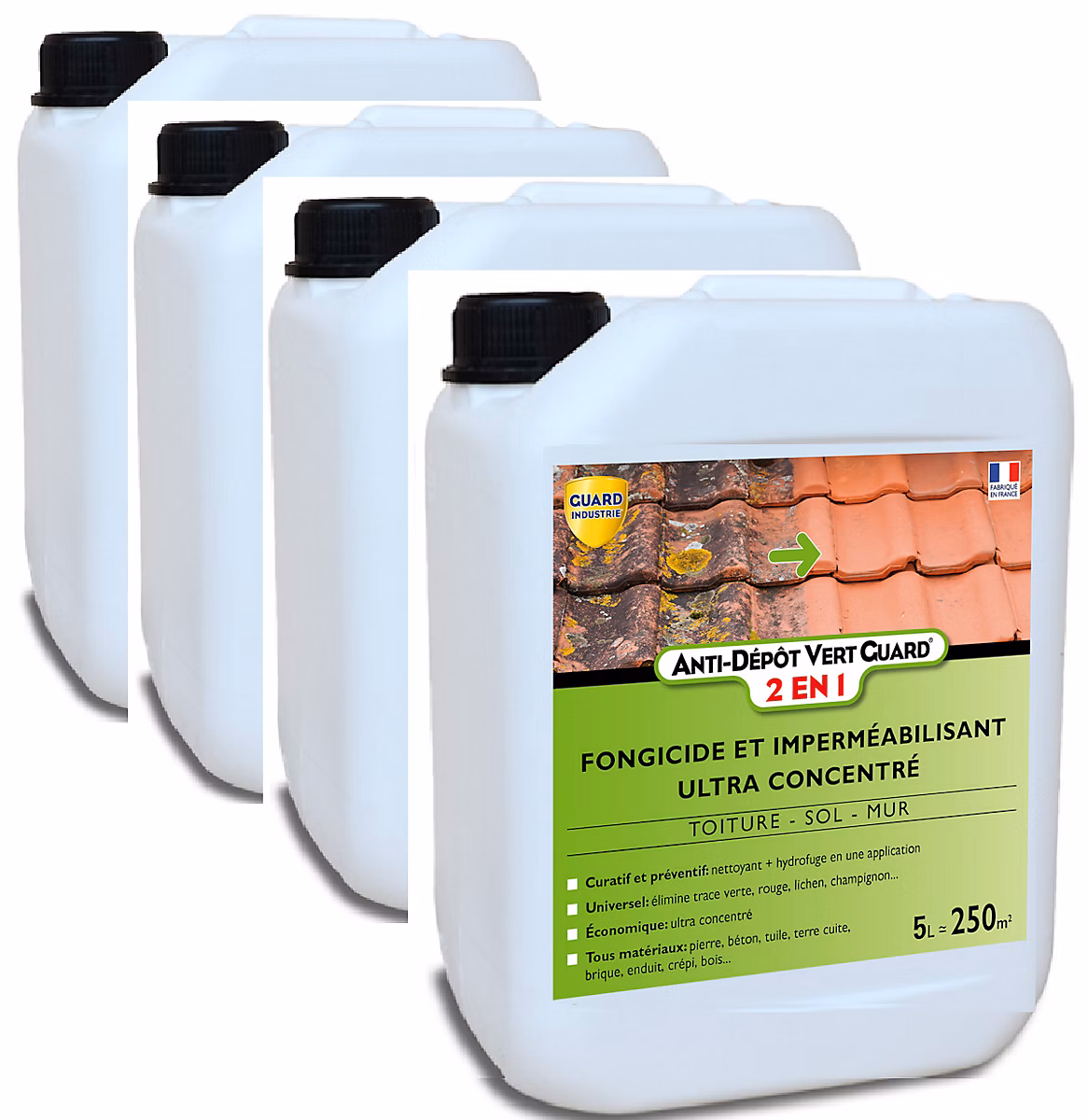 Etanchéité – Anti Dépôt Vert Guard 2en1 20L traite 1000 m² Nettoyant Imperméabilisant Invisible Anti Verdissure 4x5L